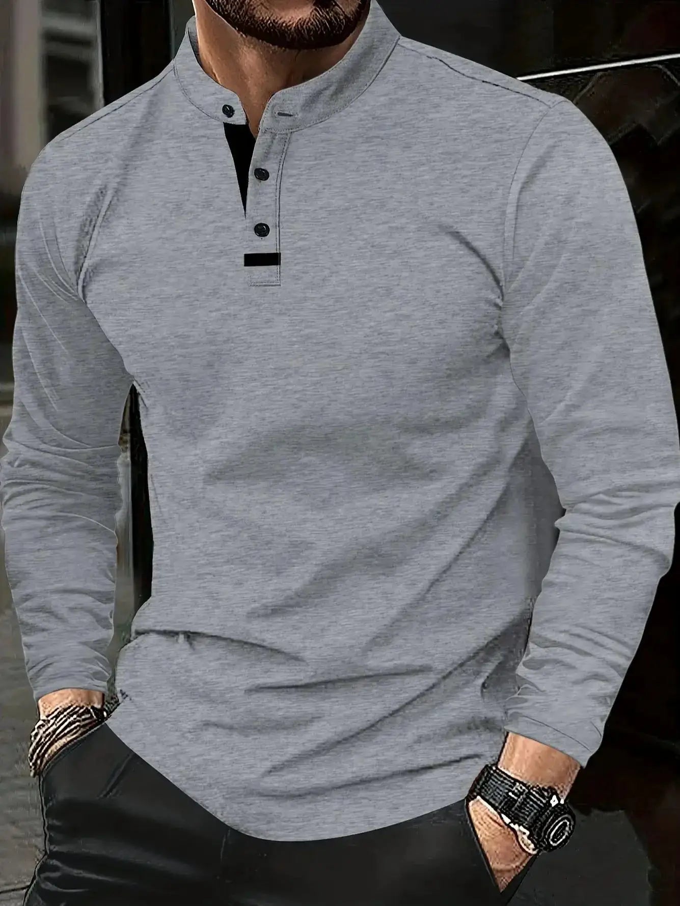 Men's gray heather long-sleeve polo shirt with a three-button placket