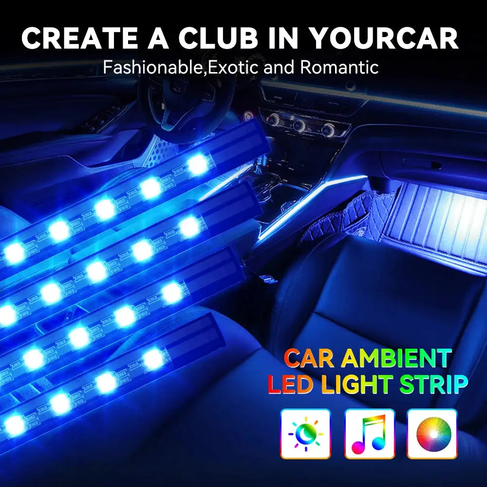 Car ambient LED light strips, blue glow along the interior footwell; USB/cigarette-lighter powered decorative lighting.