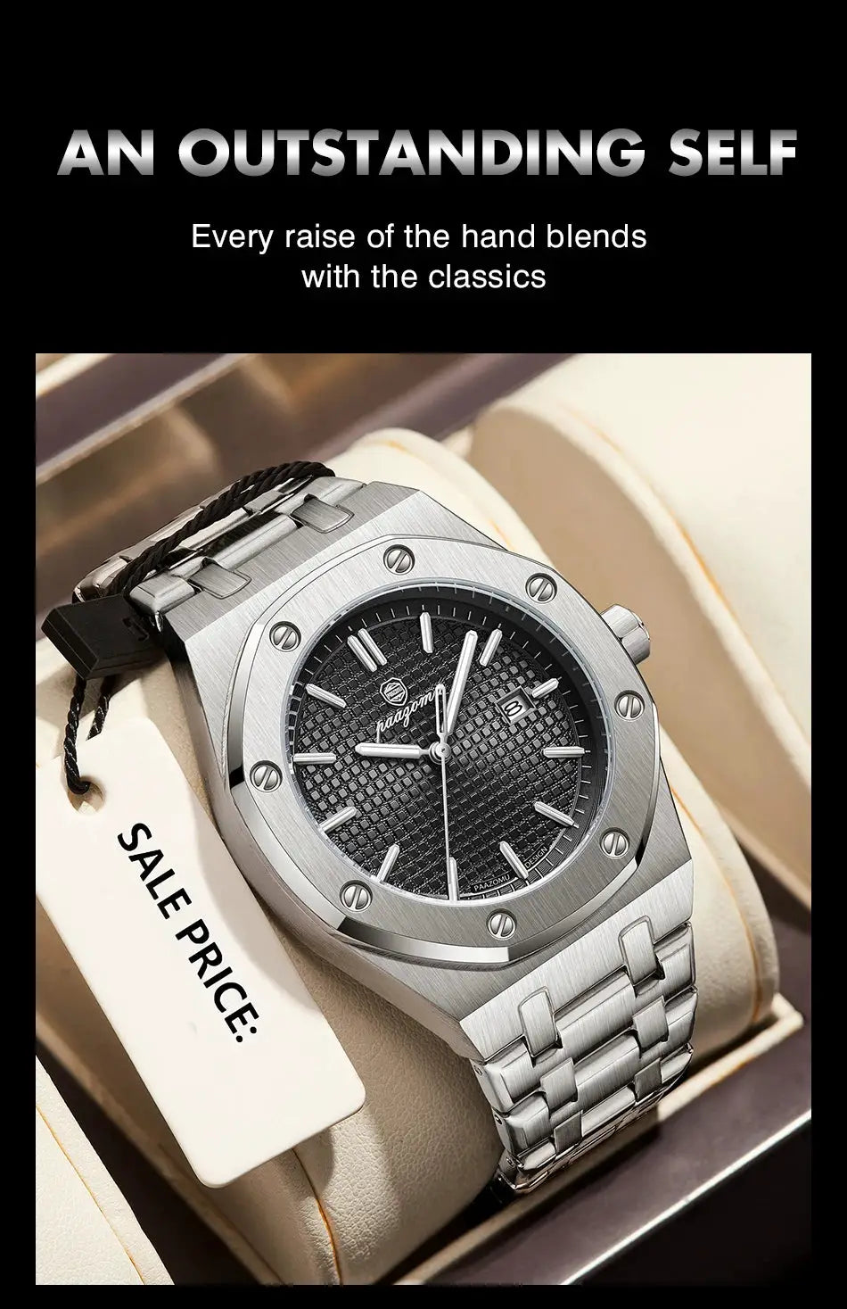 PAAZOMU luxury square men's quartz watch, stainless steel band, black textured dial, date, luminous hands