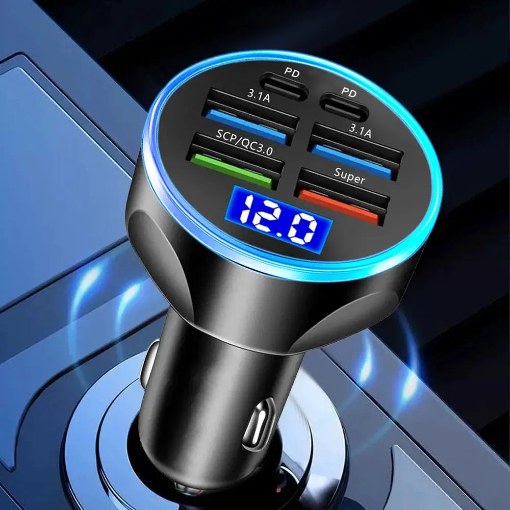 66-250W PD Car Charger QC3.0 Fast Charge One To Six Car Cigarette Lighter Plugs With Digital Display