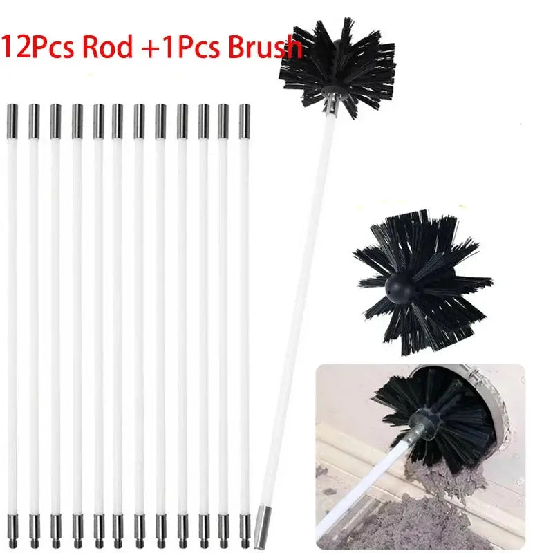 Chimney sweep rod kit by Simples Market: 12 rods + 1 nylon brush, white rods with metal tips.