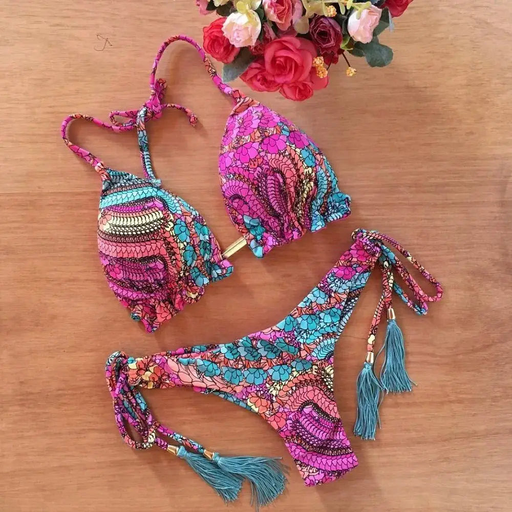Ruotongsept Floral Print Push Up String Bikini Set Women Beach Swimwear Bikinis Bathing Suit