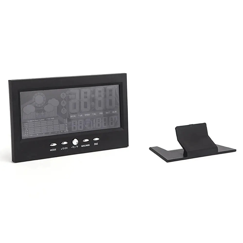 Multi-functional digital LCD weather station clock with thermometer and humidity meter, black with stand, Simples Market.