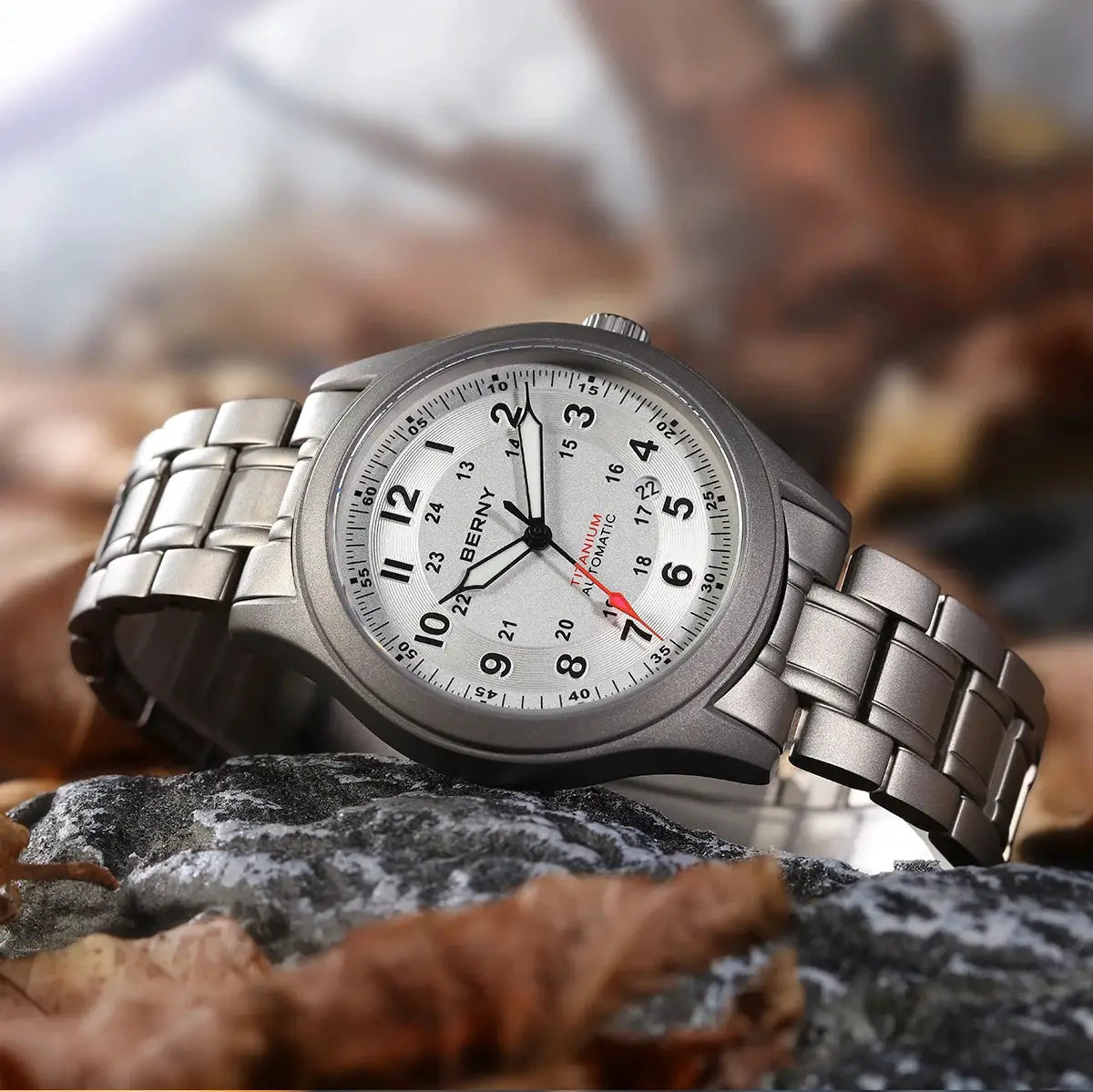 BERNY titanium automatic men's watch with silver dial, black Arabic numerals, date window and metal bracelet