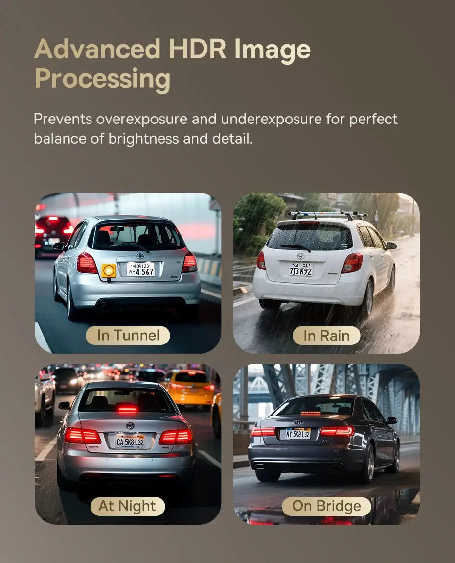 Baseus VD1 Pro dash cam 4K+1080P collage of four driving scenes: In Tunnel, In Rain, At Night, On Bridge