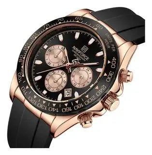 Naviforce men's chronograph watch with black dial, rose-gold case and black silicone strap