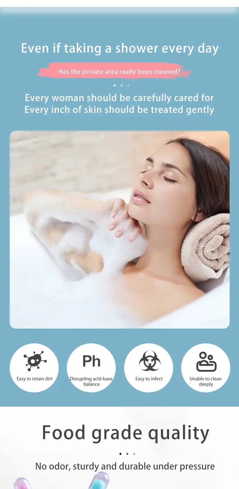 Portable bidet spray infographic, 500ml handheld for pregnant women, blue background