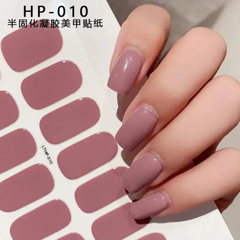 Simples Market semi-cured gel nail wraps in mauve pink, full-cover nail decals sheet shown on nails