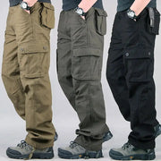 Men's tactical cargo pants in cotton; three color options tan, olive, black.