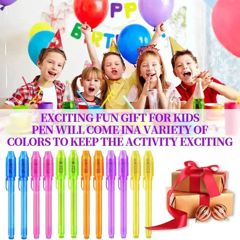 Simples Market 10-pack invisible ink pens with UV light in assorted colors for kids' parties.