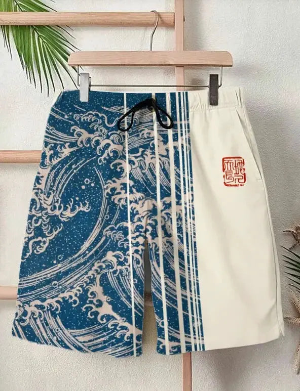 Men's swim shorts with blue Japanese wave print panels and white side panel, drawstring waist, casual street style