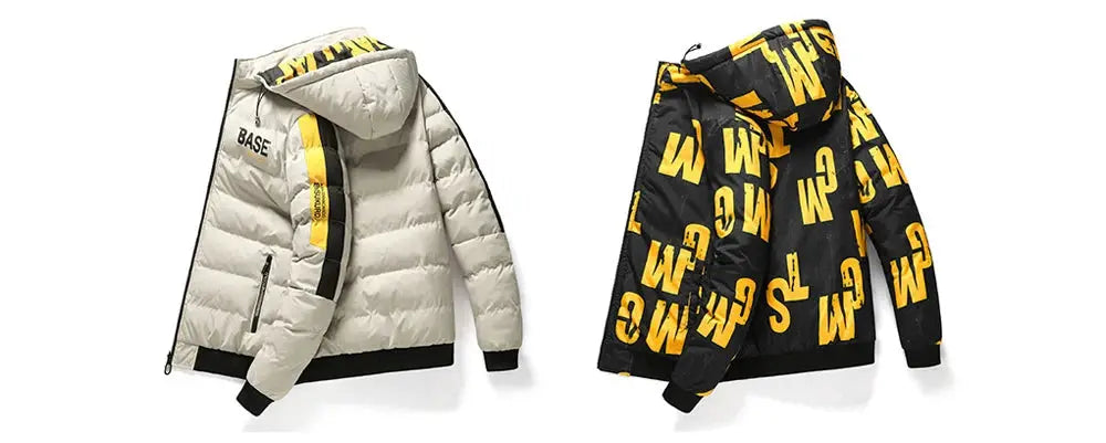 DIMUSI men's padded jackets: two coats, cream hooded down jacket and black yellow graphic windbreaker, Simples Market.