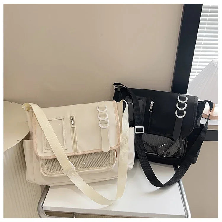 Y2K Harajuku itabag set: beige and black transparent crossbody bags with mesh pockets and strap rings, two bags