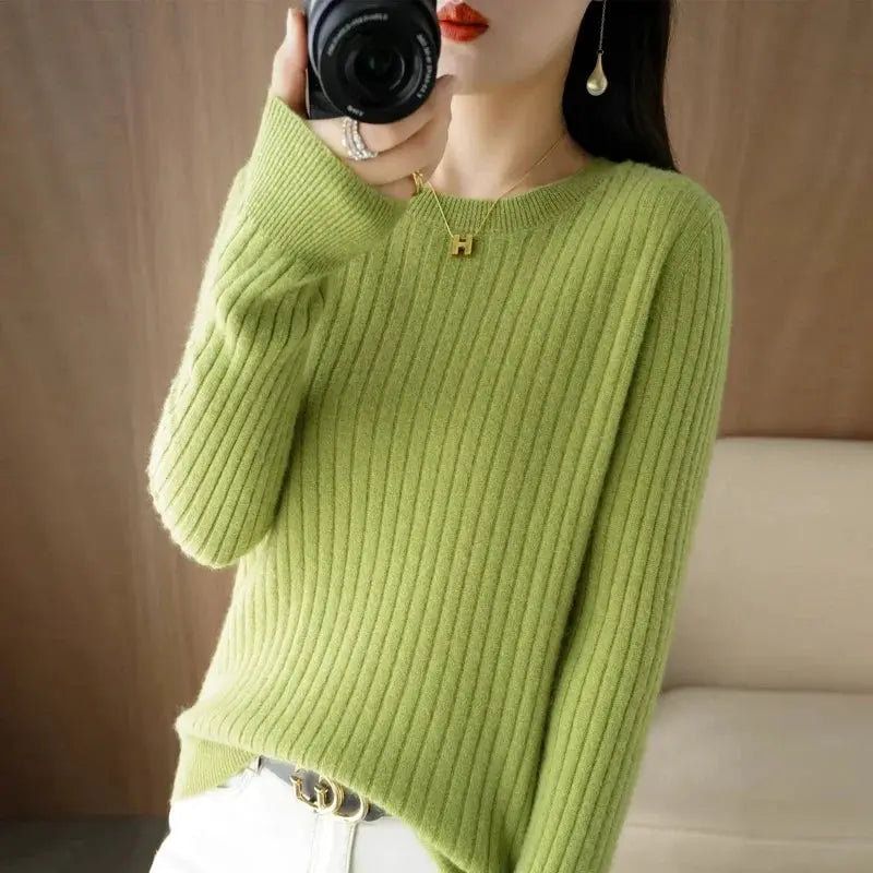 Aurora Knitwear Warm O Neck Stripe Loose Fit Sweater For Autumn Winter Layering Cozy Knit