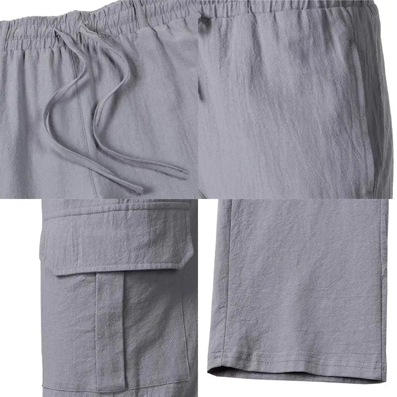 Simples Market men's cotton-linen pants, grey, breathable with cargo pockets and drawstring waist.