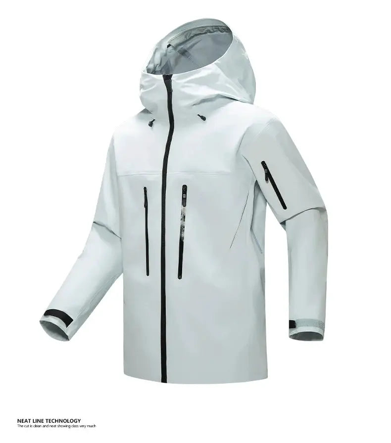 Men's windproof hooded jacket by Simples Market, light gray with black zippers and chest pockets