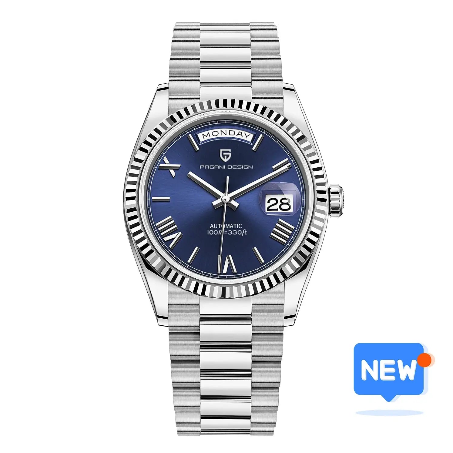 PAGANI DESIGN DD36 stainless steel men’s watch with blue dial, AR sapphire glass, day/date, automatic.