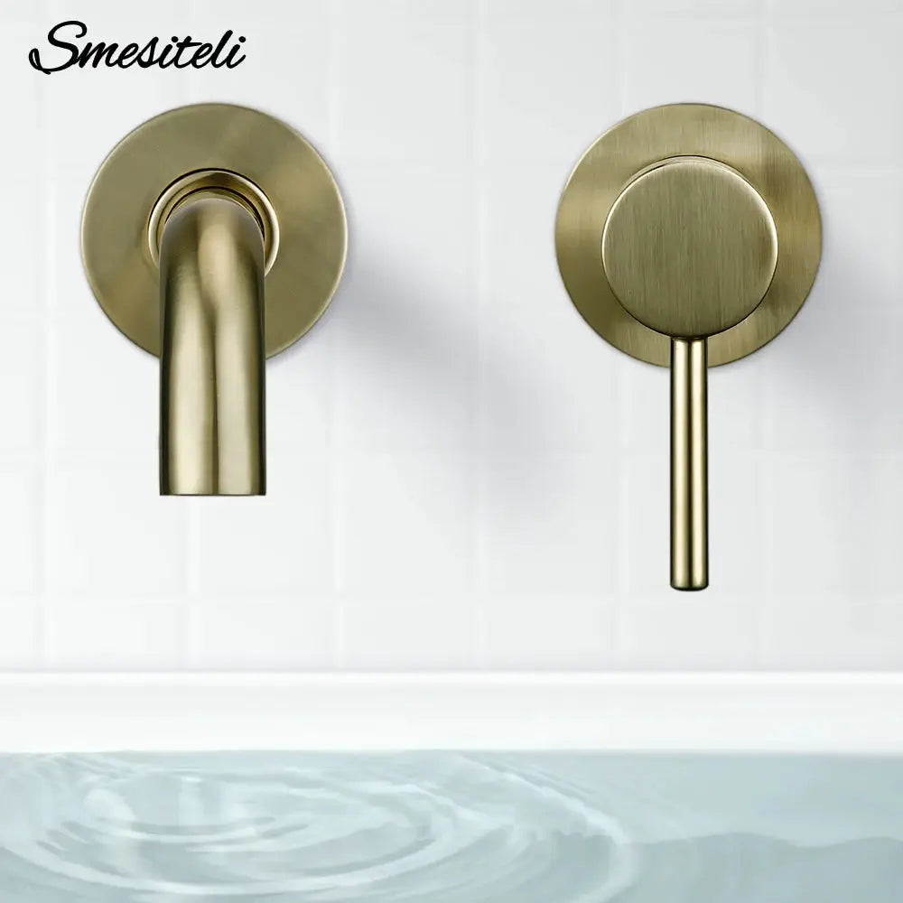 Basin faucet wall-mounted brass matte gold bathroom mixer with a single handle for hot and cold water from Simples Market.