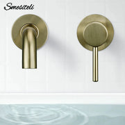 Basin faucet wall-mounted brass matte gold bathroom mixer with a single handle for hot and cold water from Simples Market.