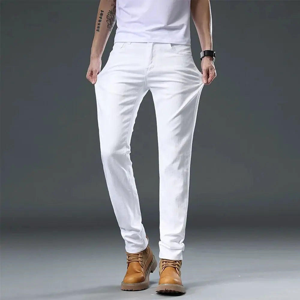 White Slim Fit Straight Jeans For Men 2025 Casual Stretch Denim Pants