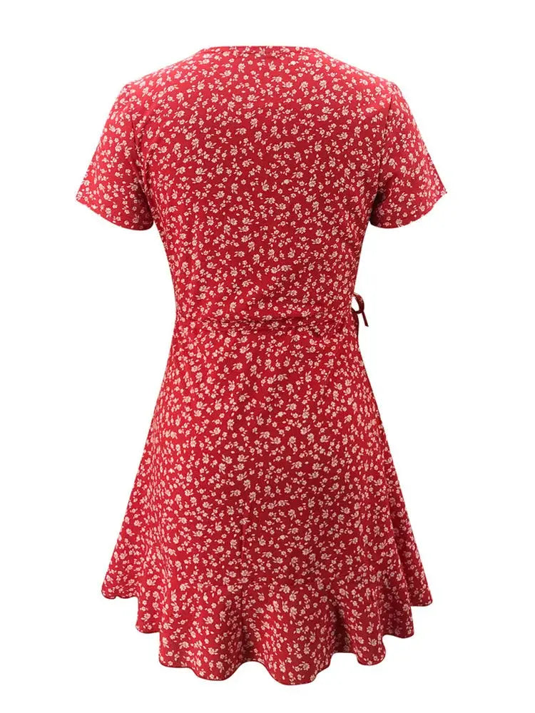 Summer Floral A Line Dress For Women V Neck Ruffles Mini Dress
