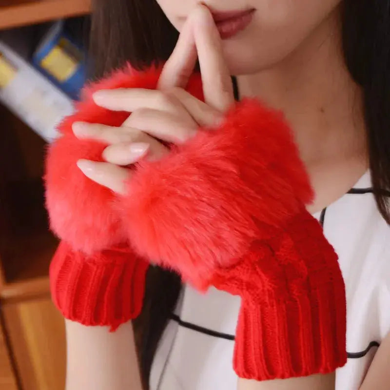 CozyNest Womens Autumn Winter Plush Knitted Half Finger Gloves for Writing and Driving Warm Soft Touch