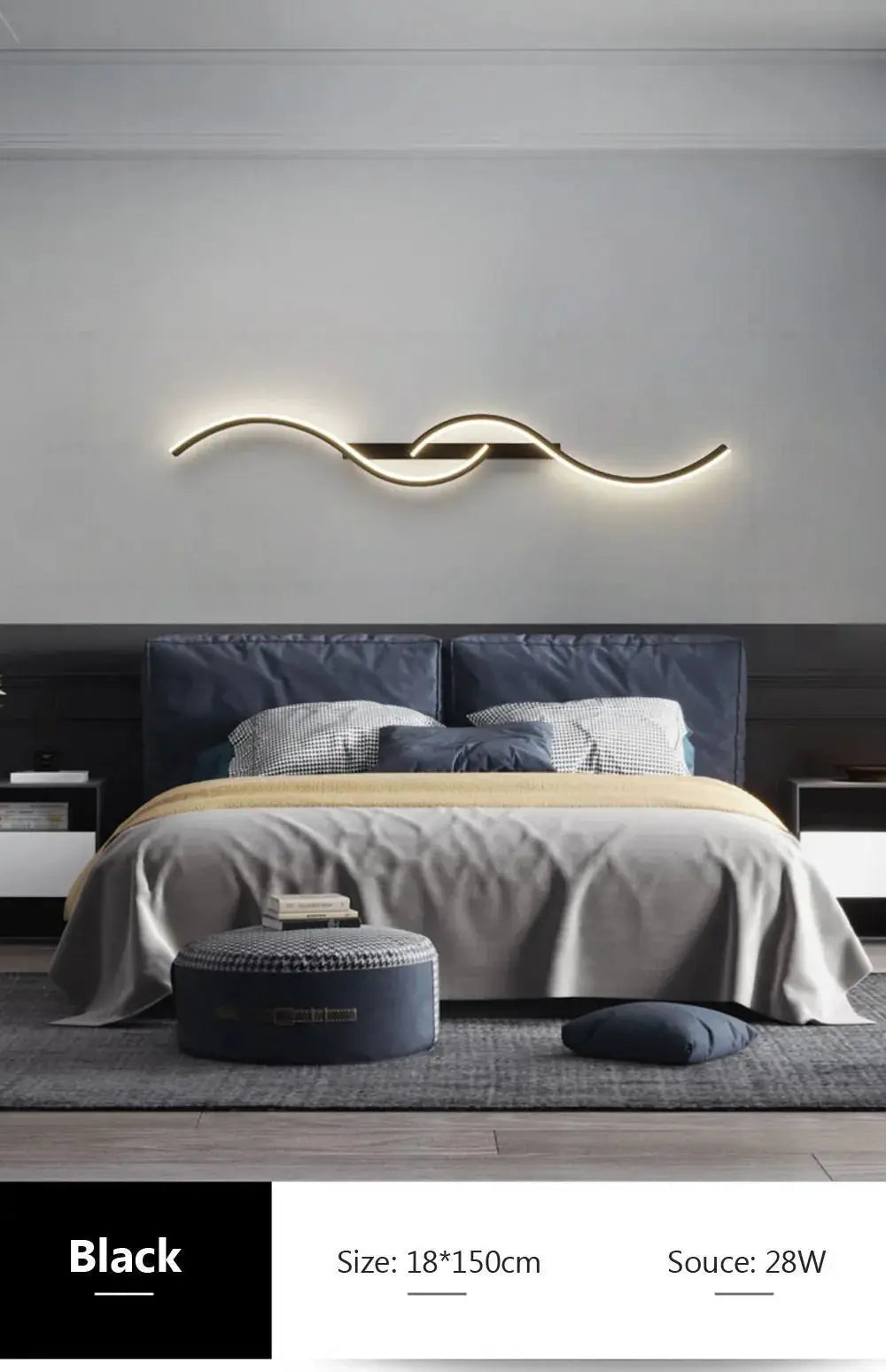 Modern LED wall lamp with a black, wavy strip providing warm ambient lighting over a bed.