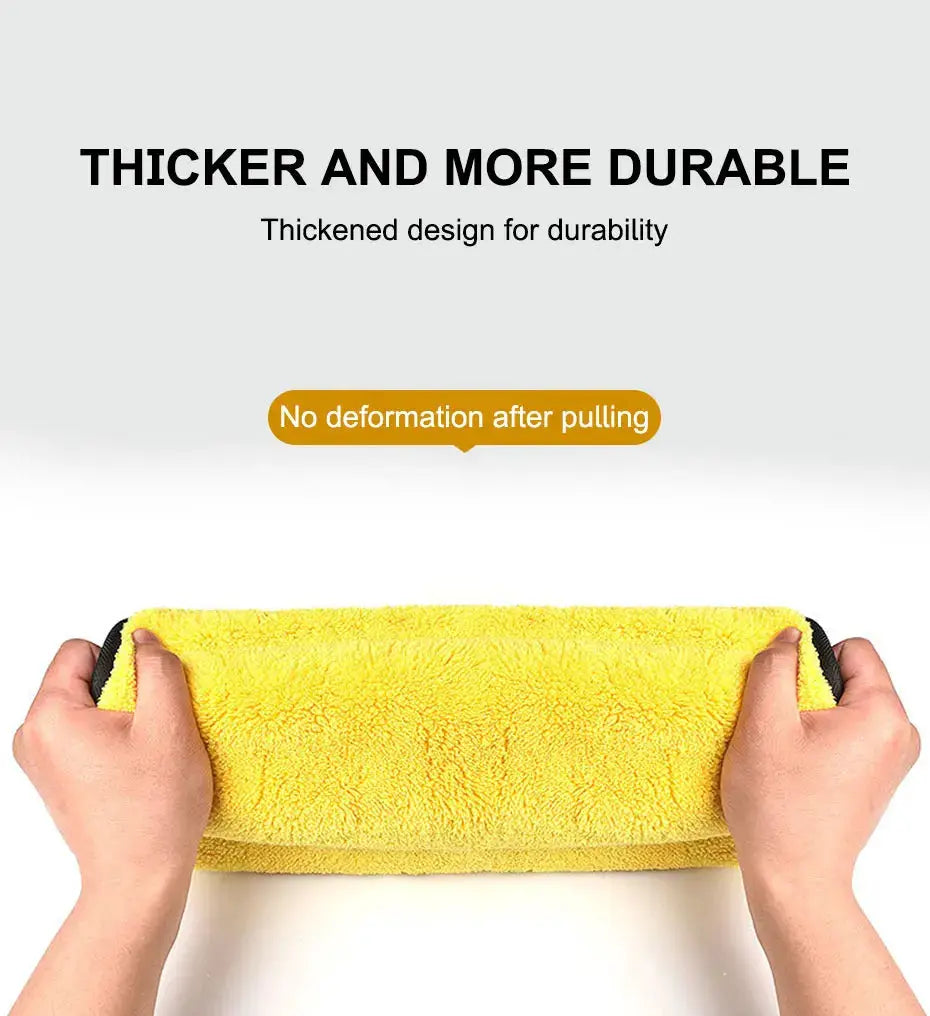 SEAMETAL microfiber car wash towel; yellow, highly absorbent drying cloth held by hands.