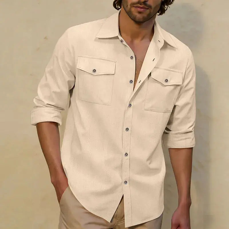 Men's long-sleeve linen button-up shirt with two chest pockets, beige.