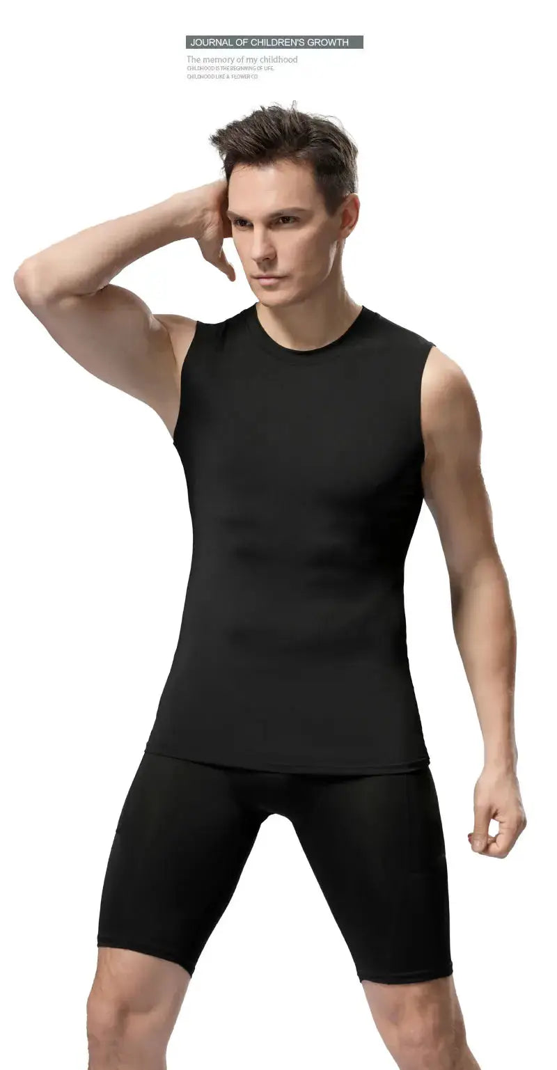 Men's black compression tank top, sleeveless quick-dry gym shirt for fitness