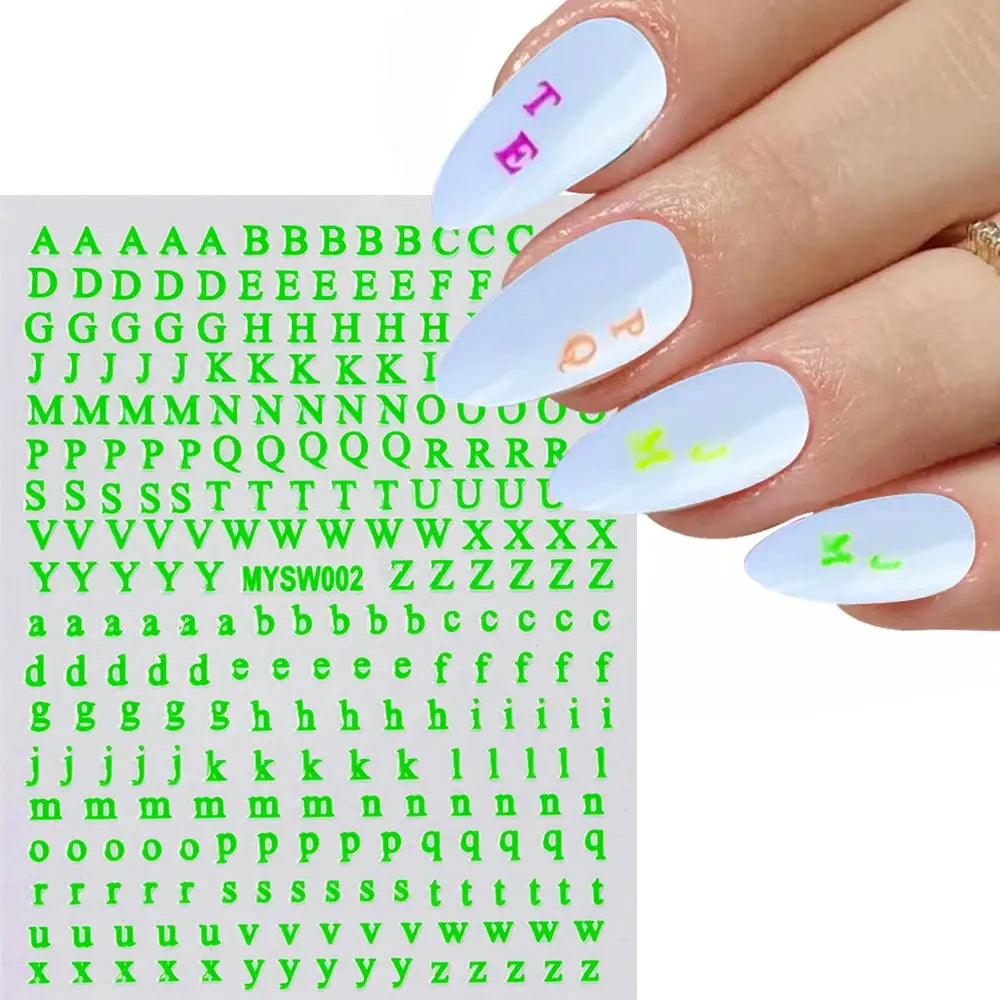 3D Roman letter nail stickers sheet with neon green alphabet characters, self-adhesive.