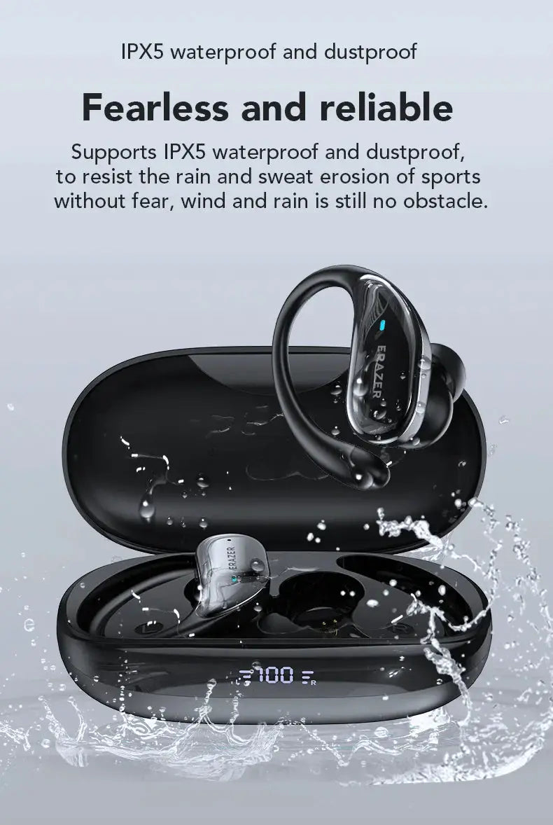 ERAZER XT80pro TWS AI Bluetooth earphones with black charging case and earhooks, IPX5 waterproof