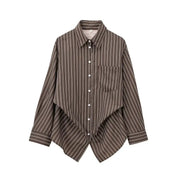 Women's brown striped shirt blouse by Simples Market with turn-down collar, long sleeves, chest pocket.
