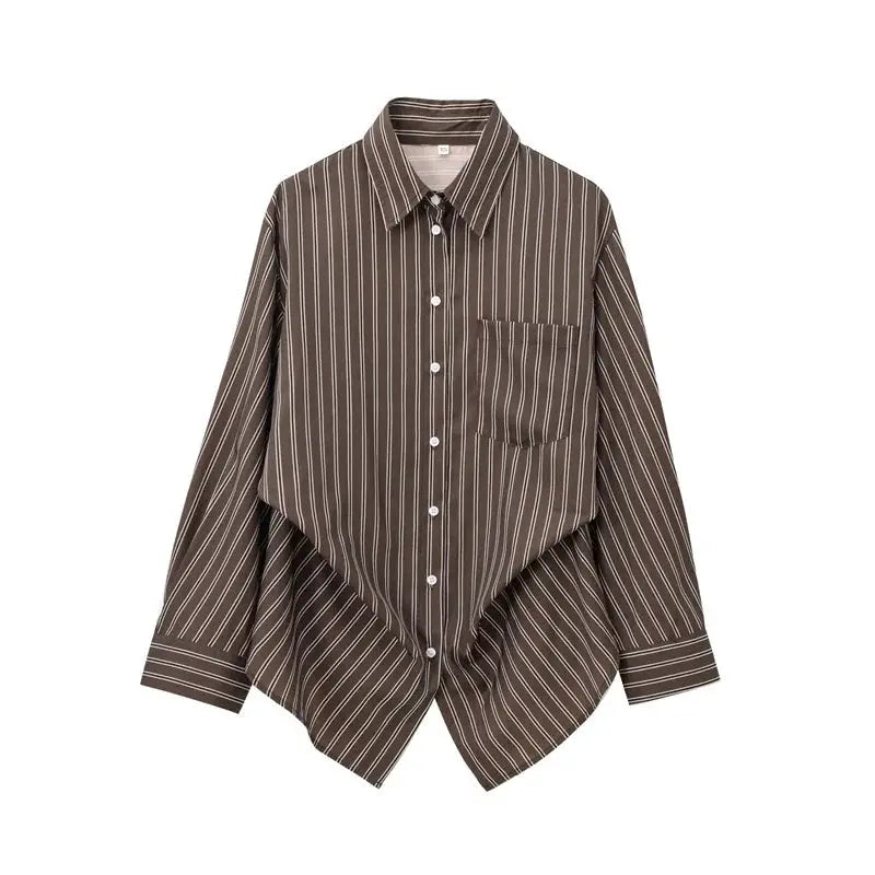 Women's brown striped shirt blouse by Simples Market with turn-down collar, long sleeves, chest pocket.