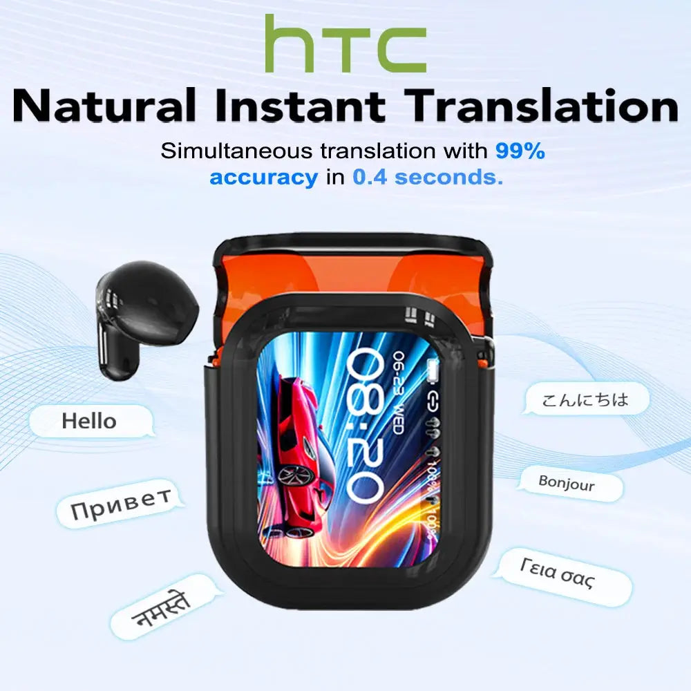 HTC NE20 translation earphones in a black protective case with orange interior; one earbud visible