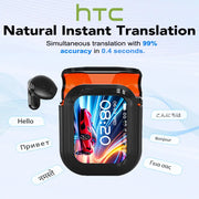 HTC NE20 translation earphones in a black protective case with orange interior; one earbud visible