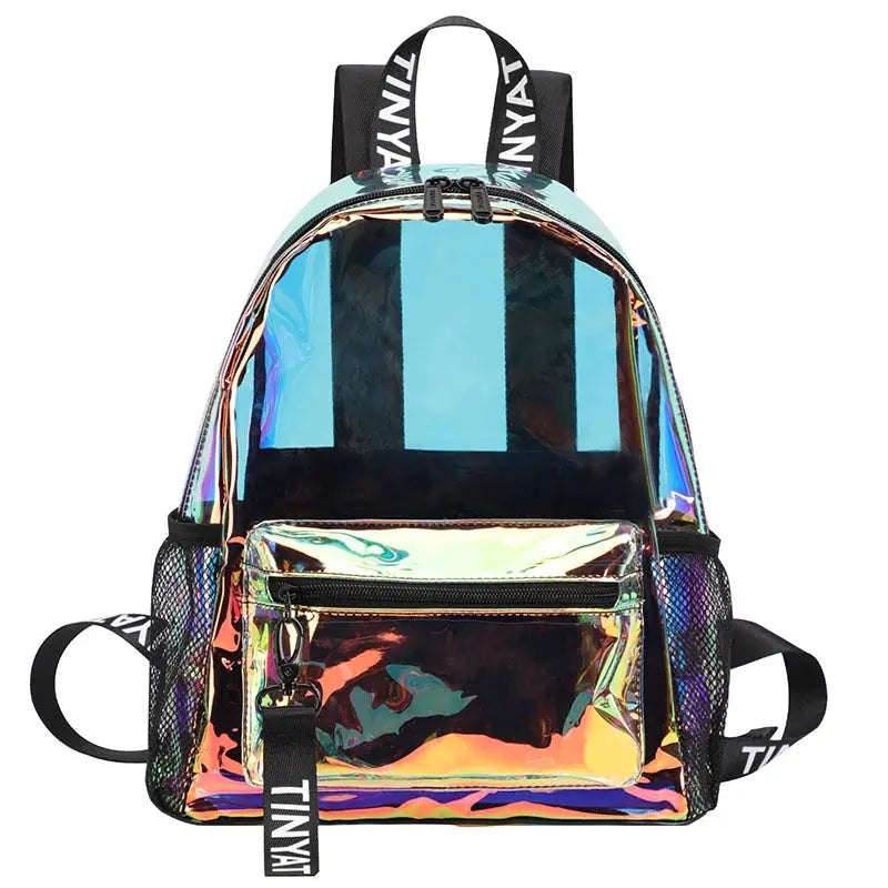 TINYAT PVC clear backpack for women with holographic finish, front zip pocket and mesh side pockets
