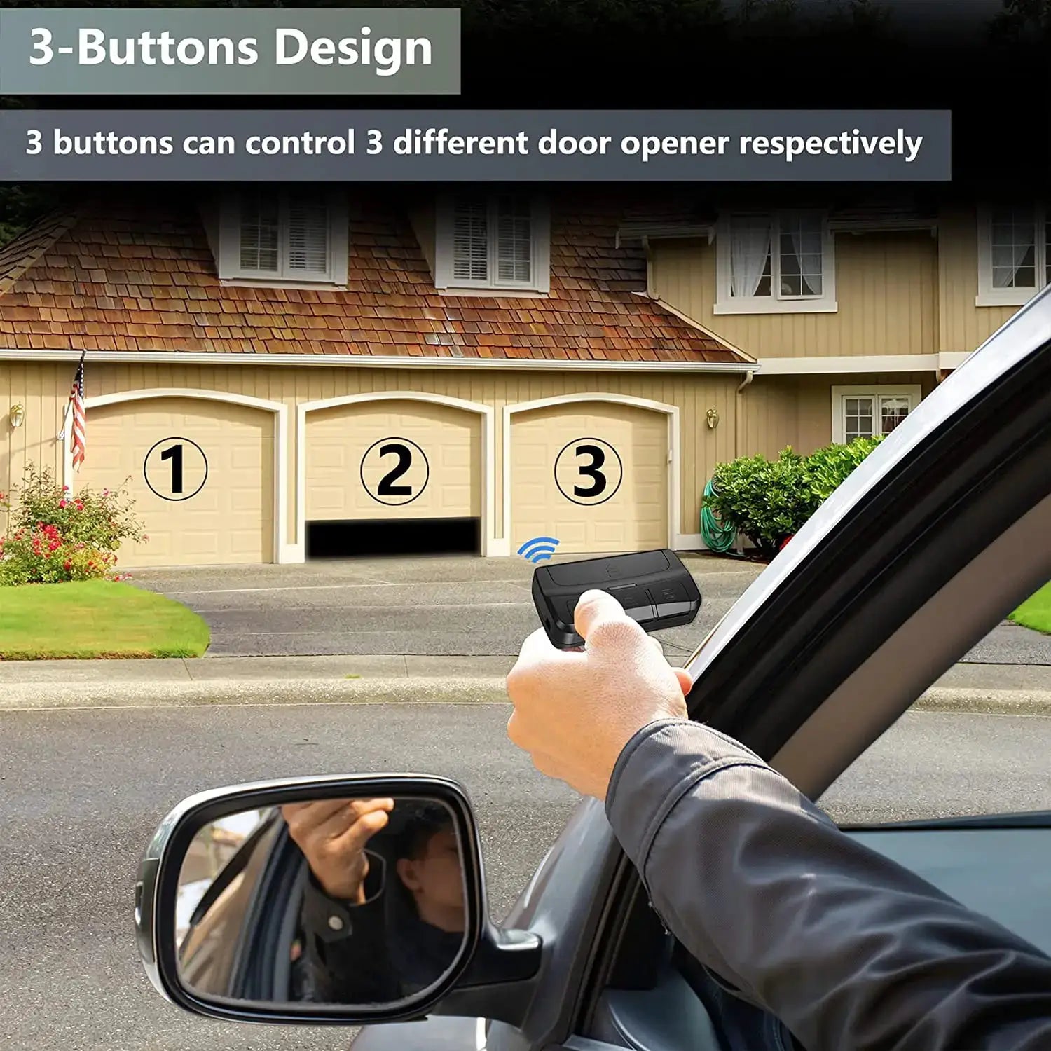 Simples Market 3-button universal garage door remote with clip; black, 280-868 MHz rolling-code transmitter.