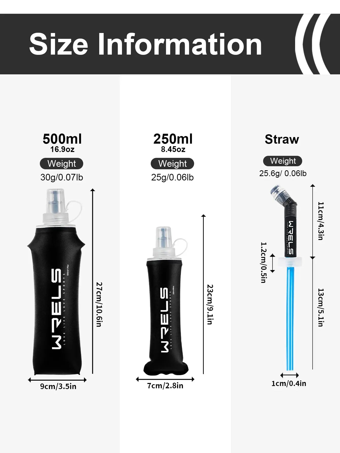 WRELS soft flask bottles set; two TPU ultralight collapsible bottles 500ml and 250ml with straw BPA-free