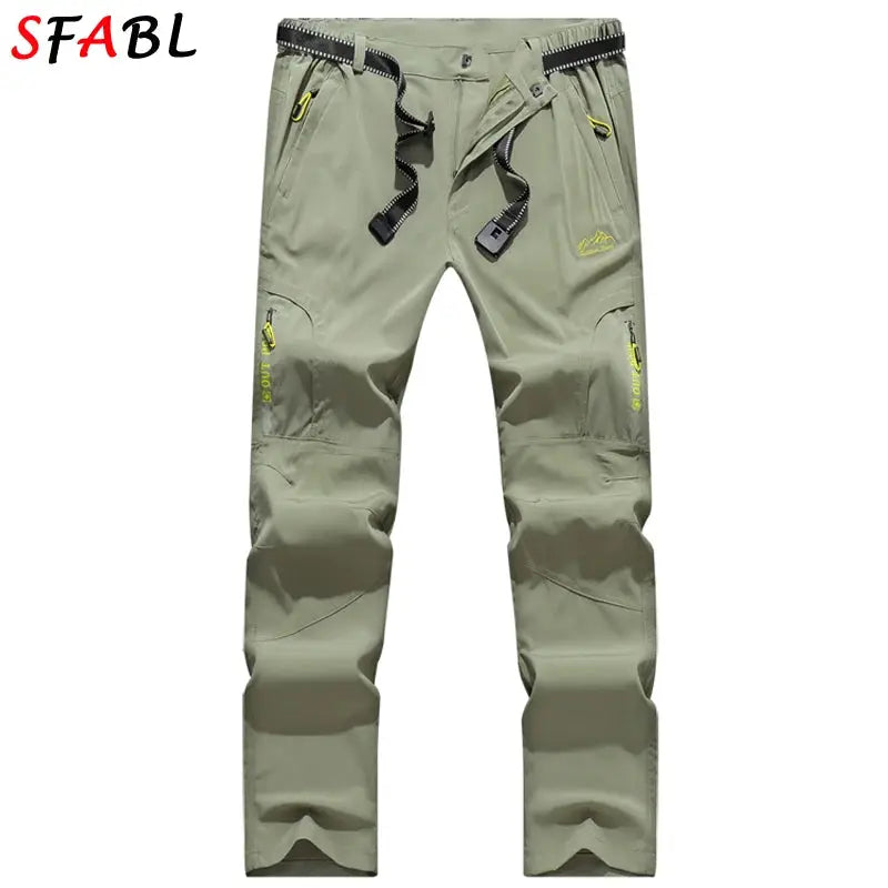 SFABL olive hiking pants with zippered pockets and yellow zipper pulls, adjustable belt