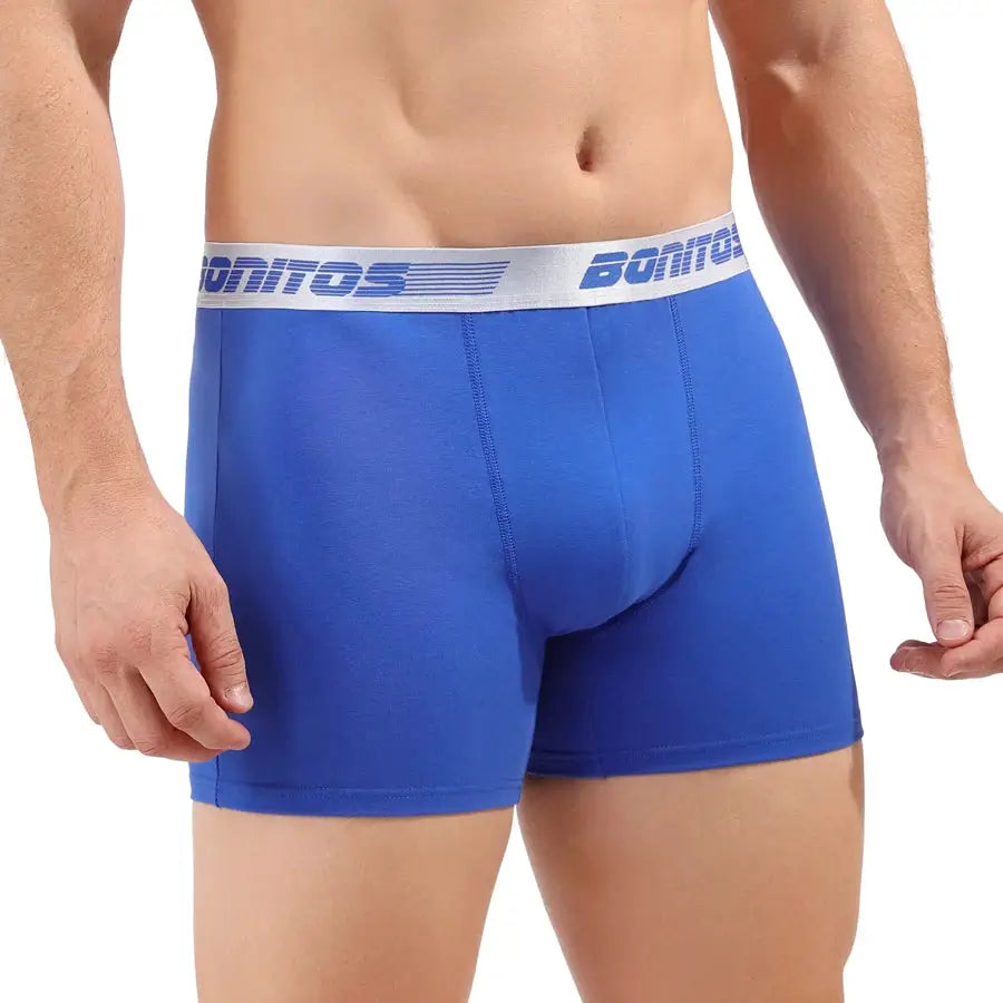 Men's blue cotton boxer shorts with a white Bonitos waistband