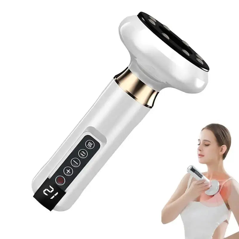 Handheld cellulite massager with digital control panel, white body and black circular head