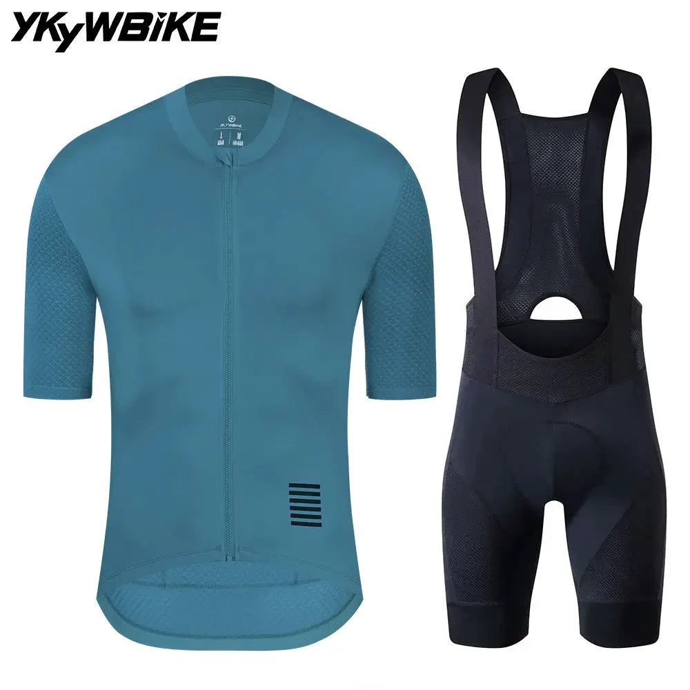 YKYWBIKE cycling jersey set: teal short-sleeve jersey with black bib shorts