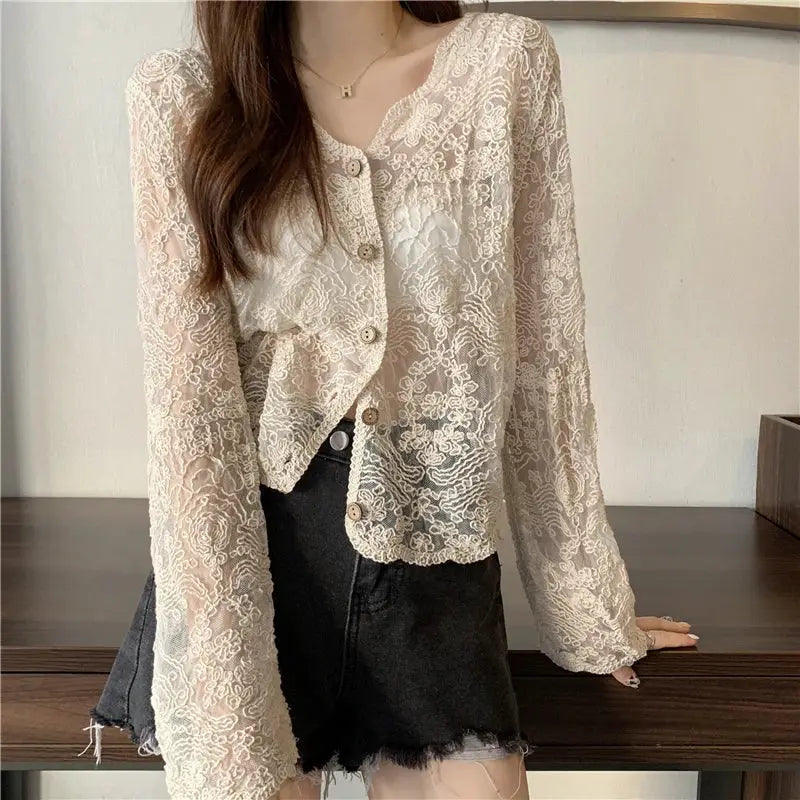 Vintage cream lace blouse with sheer floral pattern, long sleeves, button-front.