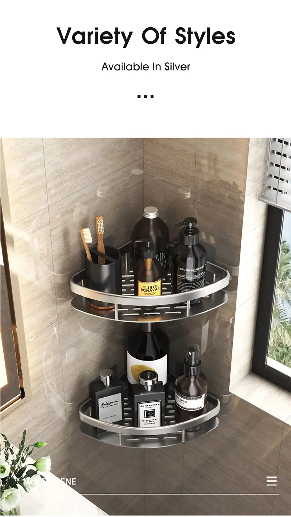 Bathroom corner shower shelf rack; no-drill wall mount, two-tier silver organizer with shampoo bottles Simples Market