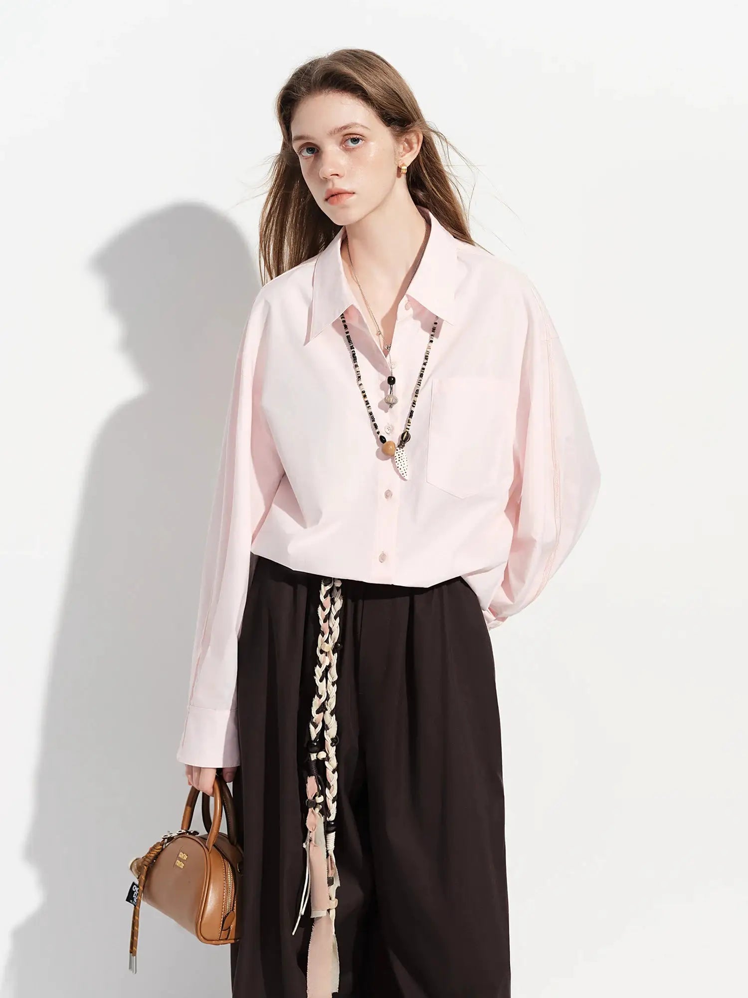 Simples Market FSLE Premium Series women's cotton shirt, pale pink oversized long-sleeve button-down