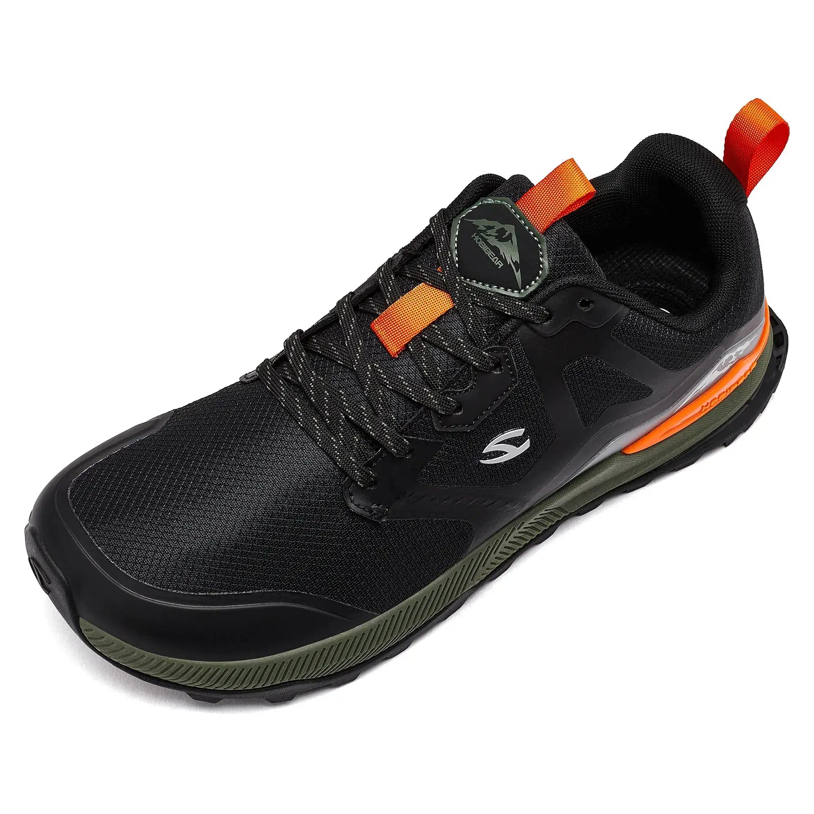 Hobibear unisex hiking shoe, black artificial leather with orange pull tabs, lace-up, non-slip sole.