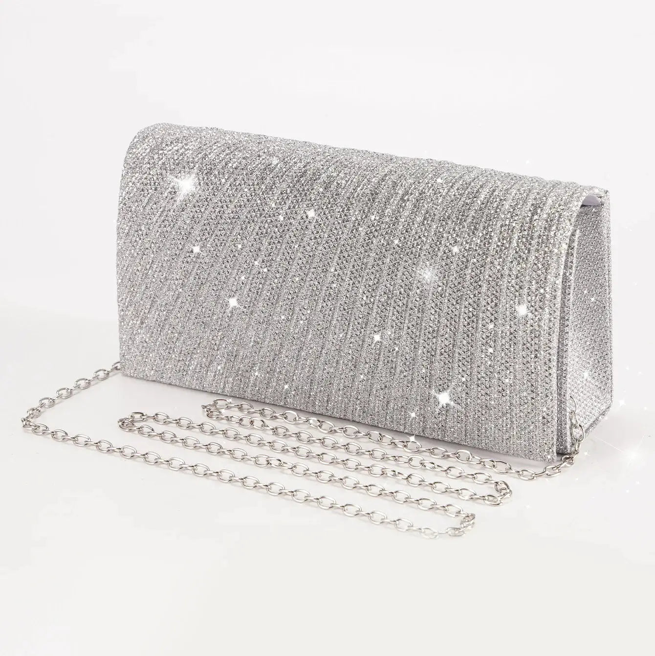 Simples Market women's silver glitter envelope clutch with chain strap