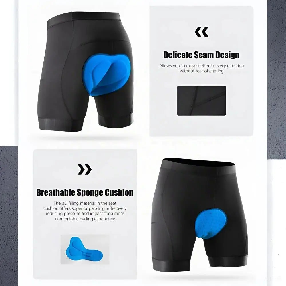 Men's performance cycling shorts with 3D pad, black with blue padding, breathable quick-dry fabric and 3 pockets