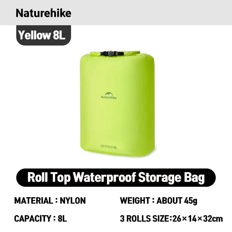 Naturehike rolled storage bag; neon yellow nylon, 8L capacity, waterproof lightweight travel organizer